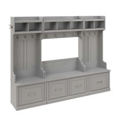 a large gray shelf with drawers and shelves