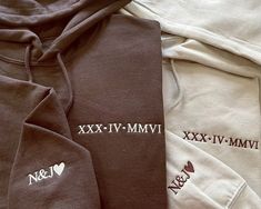 "GF BF Matching Roman Date Hoodies, Embroidered Personalised Anniversary Couple Jumper, Roman Numerals Special Date Top, Custom Initial Hoody Attention: The listing Price Is For One/Individual Product, To Order The Set Containing \"Two Hoodie\" Add Two Hoodies In The Cart And Process Checkout. Please select the thread color and fonts from the below provided options. Specifications: We provides the best quality and value when it comes to personalization/customization on clothing products and acce Initial Sweatshirt, Date Couple, Roman Numerals Dates, Couple Hoodies, Matching Hoodies, Hoodie Collection, Embroidered Initials, Gf Bf, 1st Anniversary Gifts