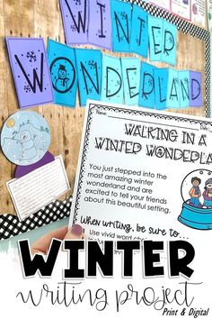 Winter writing project, art, and bulletin board in a classroom Craft Bulletin Board Ideas, Snow Globe Writing, Strong Verbs, December Writing Prompts, Descriptive Writing Activities, Winter Writing Activities, Writing Pieces, Globe Projects, Fun Lesson Plans