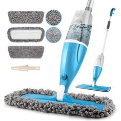 a blue and white mop with various cleaning supplies