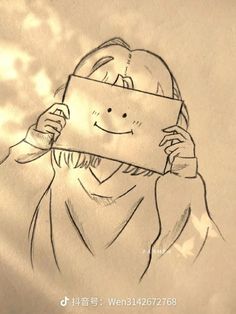 a drawing of a person covering their face with a piece of paper