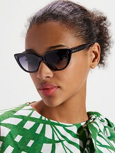 change your sunglasses, change your look. our alijah cat-eye shades are made of durable acetate and fitted with shaded cr-39 lenses, then finished with metal pin insets. we love their retro-y vibe. | Kate Spade Alijah Sunglasses, Black Kate Spade Sunglasses, Cat Eye Glasses, Metal Pins, Odessa, Square Sunglasses Women, Kate Spade New York, Cat Eye Sunglasses, Cat Eye, Rayban Wayfarer