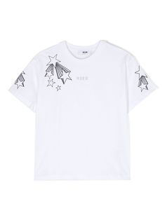 chalk white/black cotton jersey texture star print logo embellishment glitter detailing crew neck short sleeves straight hem Msgm Kids, Chalk White, Print Logo, Star Print, Girl Top, Girls Tshirts, Black Cotton, Cotton T Shirt, Printed Cotton