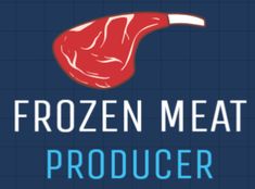 the frozen meat product logo is shown in blue and red with an image of a piece of meat sticking out of it