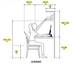 a person sitting at a desk with a computer in front of it and measurements for the height