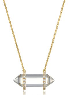 PRICES MAY VARY. Dainty, Elegant, and Sophisticated: Solid semi-precious natural white quarts necklace gemstone pendant, cut in the shape of a crystal, hangs suspended horizontally on this dainty 18K yellow gold healing gemstone with cubic zirconia on each holder to add elegance and sophistication to casual everyday styles Polished Crystal Gemstone: The white quartz stone crystal pendant is smooth and polished in a hexagonal shape to symbolize the healing benefits of chakra point jewelry, hangin Crystal Quartz Necklace, White Quartz Crystal, Dainty Gold Jewelry, Chakra Necklace, Necklace For Girlfriend, Quartz Crystal Necklace, Friendship Necklaces, Dainty Gold Necklace, Sterling Silver Necklace Pendants