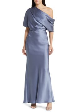 Amsale One-Shoulder Fluid Satin Gown | Nordstrom Satin Gown Dresses, One Shoulder Sleeve Dresses, Satin Shoulder Dress, Mob Dresses, Satin Gown, Draped Dress, Fabric Gifts, Free Fabric, Cayenne