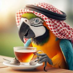 a parrot sitting on top of a wooden table next to a cup of tea