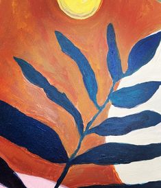 an abstract painting with blue and orange leaves in front of a yellow sun on a white background