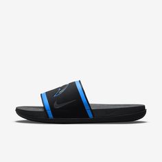 Cheer your team to victory in comfort with the Nike Offcourt (NFL Los Angeles Chargers) Slide. A cushy synthetic leather strap features your team’s logo, while an innovative foam midsole makes this slide so comfy, you’ll never want to take it off. Nike Sporty Slip-resistant Slides, Casual Slip-resistant Slides For Training, Sporty Slip-on Slides For Sports, Sports Slides With Removable Insole, Sporty Slip-resistant Synthetic Slides, Sports Slides With Cushioned Footbed, Slip-resistant Sports Slides, Functional Black Slides For Streetwear, Sporty Leather Slides For Streetwear