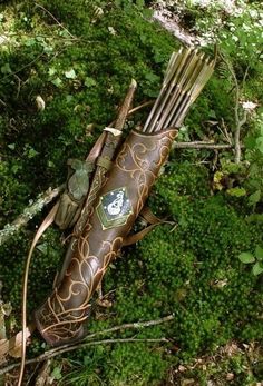 an arrow laying on the ground in the woods