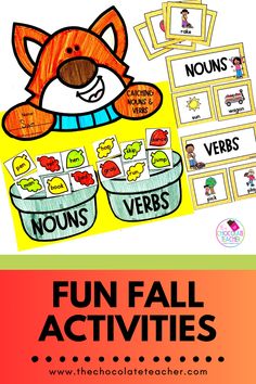 Picture of a fall craft activity for nouns and verbs. Fall School Activities 1st Grade, October First Grade Activities, Fall Math First Grade, October Activities, Fall Math