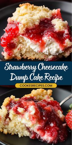 strawberry cheesecake dump cake recipe on a black plate