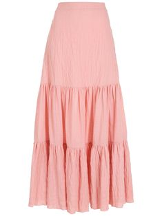 blush pink cotton high-waisted tiered skirt long length curved hem Pink Tiered Skirt, Long Pink Skirt Outfit, Peach Vibes, Tiered Skirt Pattern, Long Pink Skirt, Skirt Png, Pink Skirt Outfits, Plane Outfit, Long Tiered Skirt