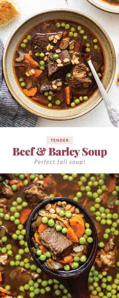 beef and barley soup with peas in a bowl