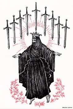 a drawing of a person with swords in the background