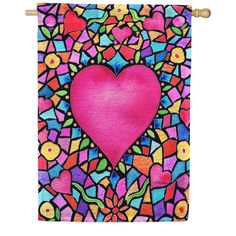 a pink heart surrounded by lots of colorful flowers and hearts on a stained glass background