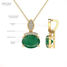 Description A pendant with a design so unique, you will cherish it for generations to come. The influence of the oval-cut emerald in the Emerald & Diamond Dainty Pendant is manifold because of the surrounding diamonds. The emerald in the 4 prong setting and the diamonds in the bead setting have made this pendant a piece of precious jewellery to be owned and cherished for generations to come. The designs make it so that the loop is not visible and the chain looks like it is passing through the pe Classic Emerald Pendant Necklace With Diamond Accents, Elegant Yellow Gold Emerald Necklace With Diamond Accents, Emerald Pendant Necklace With Diamond Accents For May Birthstone, Emerald Jewelry With Pave Setting As Gift, Emerald Jewelry With Pave Setting For Gift, Yellow Gold Emerald Necklace With Diamond Accents As Gift, Gold Emerald Necklace With Diamond Accents For Anniversary, Emerald Necklace With Diamond Accents For Anniversary, Elegant Gold Emerald Necklace With Prong Setting