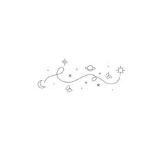 a line drawing of the moon and stars on a white background with space in the sky