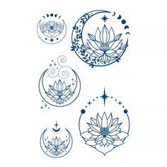 four phases of the moon with lotuses and stars on them, in blue ink