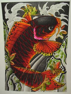 a drawing of a fish with orange and black colors