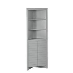 a tall gray bookcase with shutters on the front and bottom shelves, against a white background