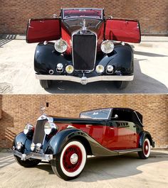 an old and new model car parked in front of a brick building