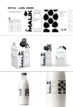 the packaging design for milk is shown in black and white