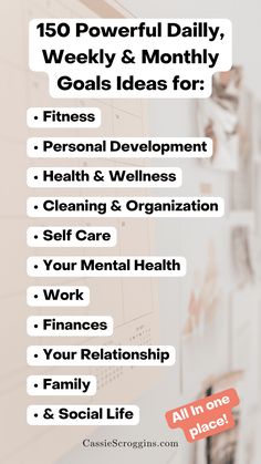 Types Of Goals Ideas, Monthly Fitness Goals, Plan Life Goals, Goal Setting Categories Ideas, Commit30 Monthly Goals, Setting Family Goals, Weekly Goal Ideas, Family Goal Planning, Mini Goals Ideas