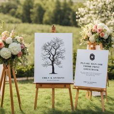 two eases with flowers and pictures on them sitting in the grass next to each other