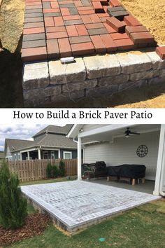 before and after pictures of a brick paver patio being built in front of a house