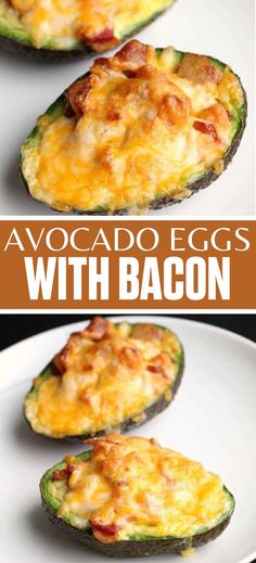 Collage of avocado eggs with bacon at top and bottom. Avocado Egg Bacon, Breakfast Boats, Avocado Boats, Egg Boats, Eggs With Bacon, Avocado Eggs, Stuffed Avocado, Bacon Eggs Breakfast, Breakfast Recipes Sweet