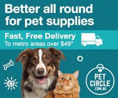 a dog and cat sitting next to each other in front of a blue background with the words, better all round for pet supplies fast, free delivery to metro areas over $ 40