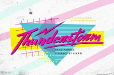 the title for thunderstorm is shown in pink, blue and yellow stripes on a white background