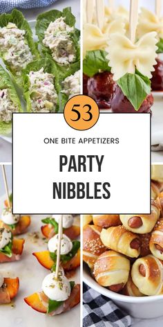 some appetizers are shown with the words party nibbles on top and below