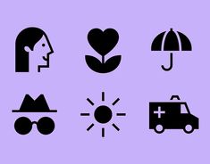 black and white icons on a purple background including an umbrella, sunflower, car, heart, eyeglasses