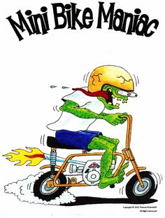 an image of a cartoon character riding on a motorbike with the words mini bike mania