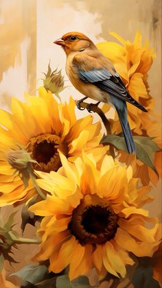 a painting of a bird sitting on top of sunflowers