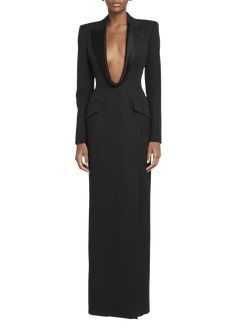 Find ALEXANDER MCQUEEN Plunging Tuxedo Blazer Wool Column Gown on Editorialist. Alexander McQueen tuxedo blazer gown Plunging cowl neckline Long sleeves; button cuffs Chest welt pocket; hip flap pockets Column silhouette Long length Back zip Wool Made in Italy Blazer Gown, Tuxedo Skirt, Tuxedo Dresses, Tuxedo Blazer, Tuxedo Dress, Column Gown, Cowl Neckline, Skirt Women, Long Length