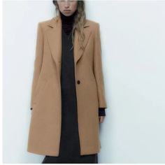 Brand New With Tags. Size S. Wool Blend Coat Zara, Zara Brown Single Breasted Outerwear, Classic Brown Zara Outerwear, Zara Brown Outerwear With Lapel Collar, Zara Brown Lapel Collar Outerwear, Zara Brown Long Coat, Elegant Camel Outerwear For Spring, Black Peacoat, Medium Coat