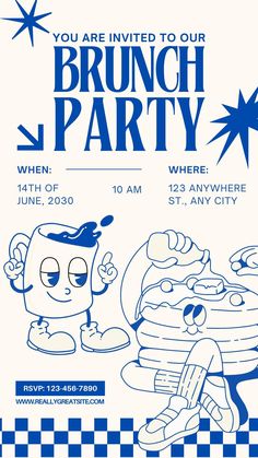 the brunch party flyer is designed to look like it has an image of a cartoon character eating pancakes