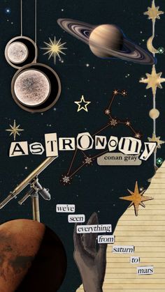 a collage of astronomy related items with the words astronomy written on them and stars in the background