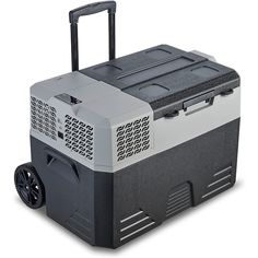 an ice chest cooler with wheels on the front and side, in black and white