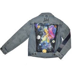 a denim jacket with an image of the planets on it and stars in the sky