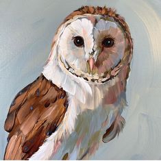 an owl is painted in pastel on a white and blue background with brown accents