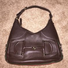 Gucci Dark Brown Leather Heritage Stripe Horsebit Hobo Shoulder Bag. Measures 13" Wide X 9" Tall X 4" Depth. Great Looking Bag In Good Condition. **Minor Color Scuffing At Lower Corners. Includes Dust Bag. Bags Gucci, Hobo Shoulder Bag, Gucci Bags, Dark Brown Leather, Gucci Bag, Dark Brown, Brown Leather, Dust Bag, Bag Lady