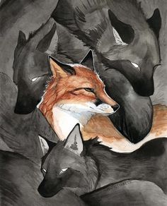 a drawing of two foxes with their heads in each other's eyes, surrounded by smaller black and white ones