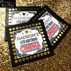 three black and gold birthday cards with the words madison's 30th birthday cinema on them