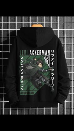 a black hoodie with an image of levi ackerman on it