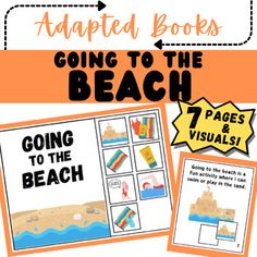 an orange and white poster with the words going to the beach on it, along with two